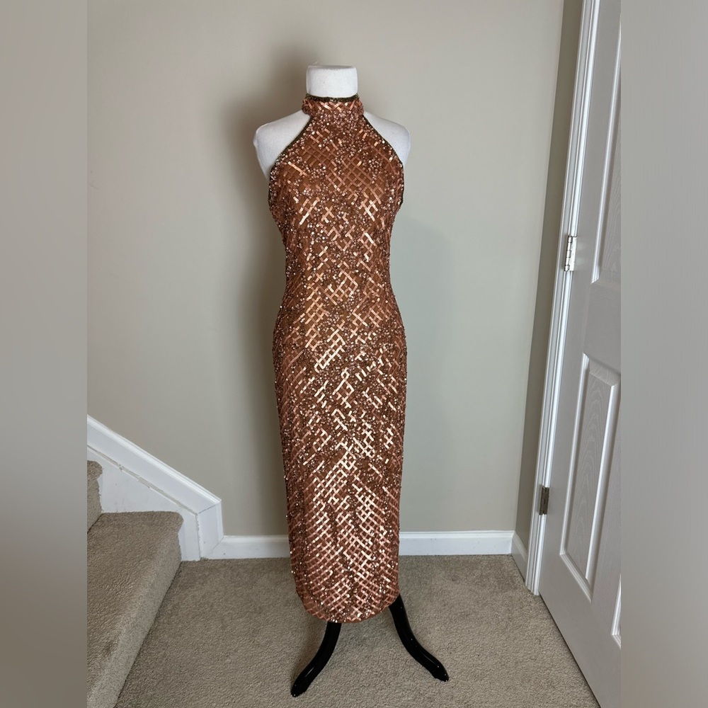 Mac Duggal Copper Brown Sequin Patterned Midi Dre… - image 11